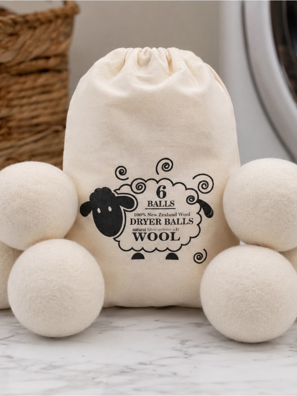 SHEIN Cream Wool Dryer Balls with Printed Drawstring Pouch (6-Pack)